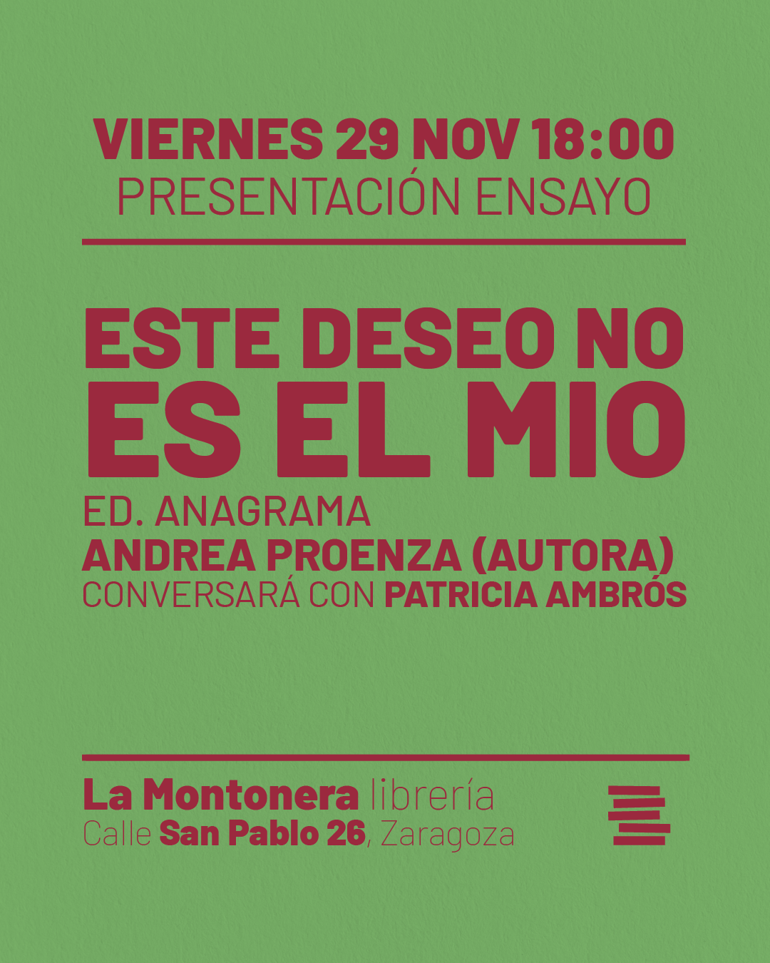 Cartel de la presentación en Zaragoza del libro de Andrea Proenza